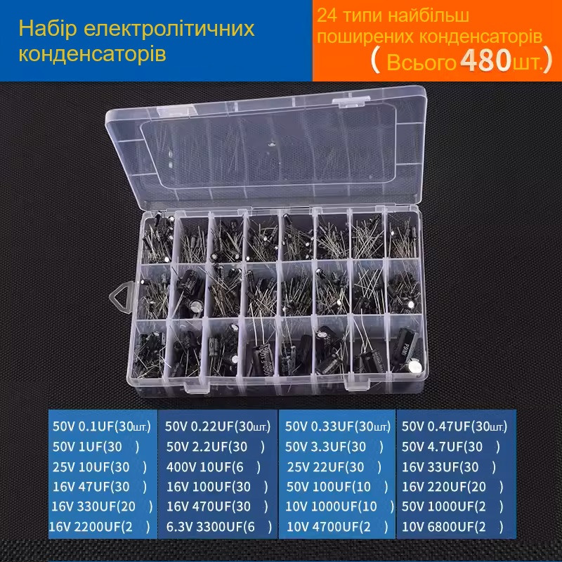 Конденсатори електролітичні 480 шт. 0.1мкФ-1000мкФ 10-400 В, 24 різновиди, фото 1