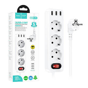 Мережевий фільтр Hoco NS2 (3 розетки + 3xUSB (2.4A)) — 1,8 м Білий