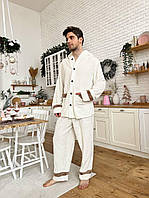 Мужская тёплая, мягкая пижама, 42-48, мокко, белый и серый, двухсторонняя махра.