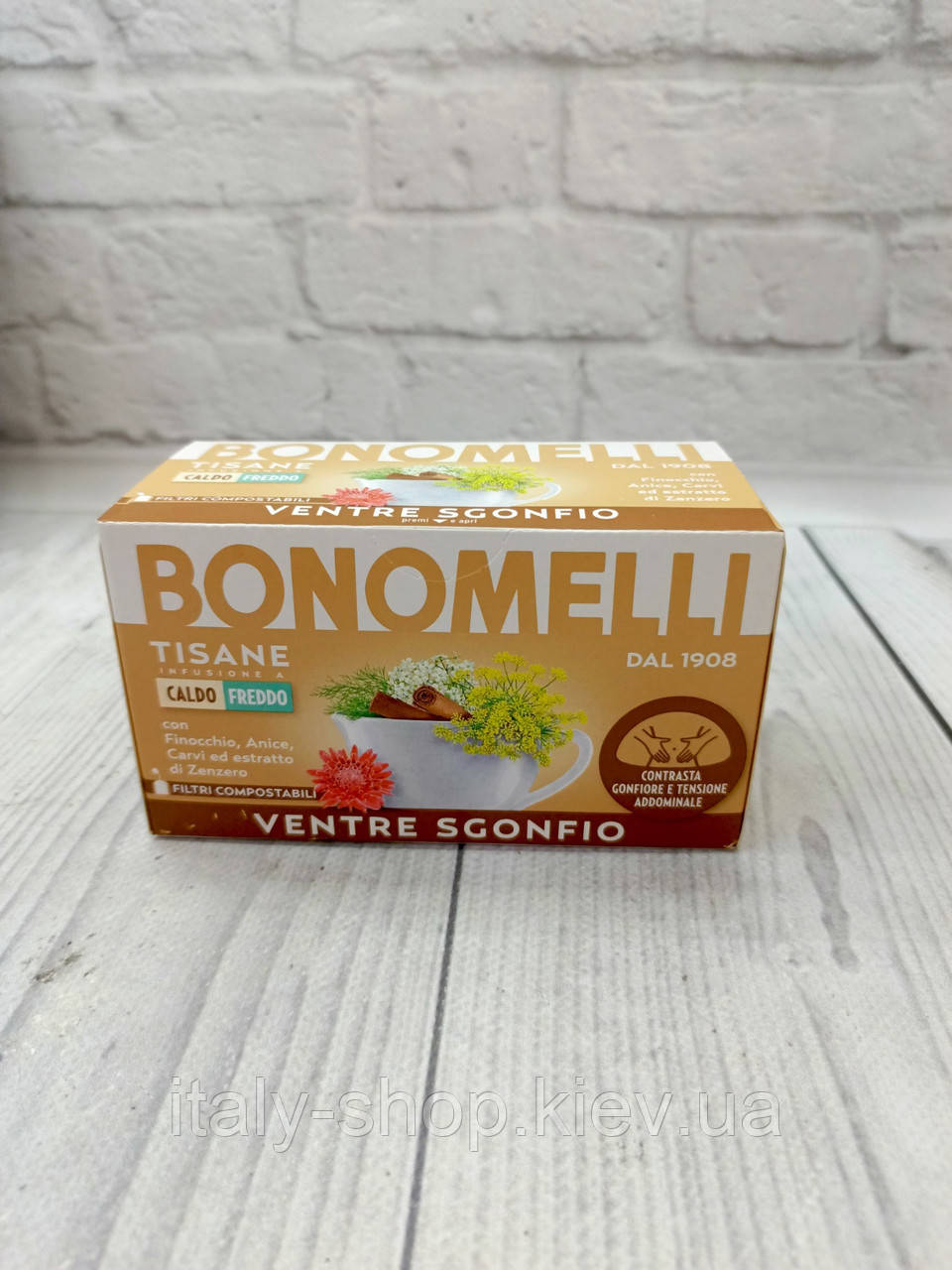 Чай трав'яний проти здуття та напруги в животі Bonomelli Ventre Sgonfio, 16 пакетиків, Італія