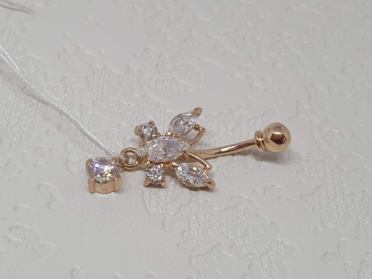 Золотая серьга-пирсинг Бабочка с фианитами. 41000801