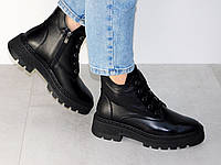 Ботиночки зимние женские кожаные на шнуровке черные