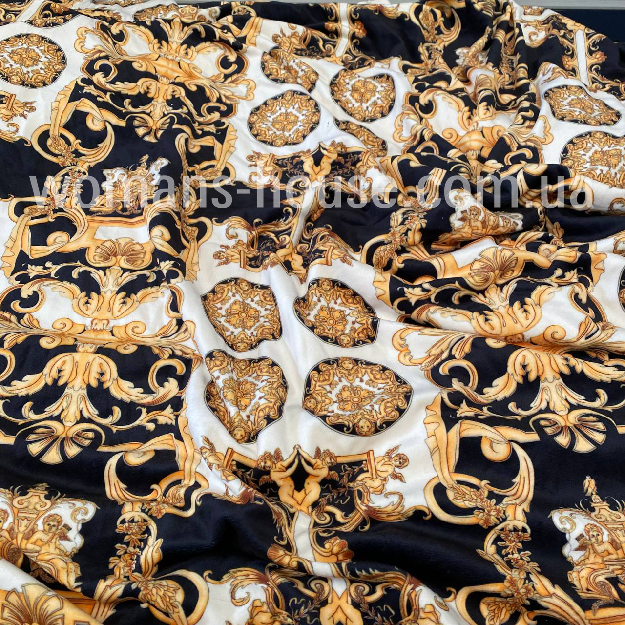 Велюр плюш  друкований принт Вензеля на чорному, фото 1