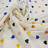 Ткань муслин жатый двухслойный, разноцветные сердечки на белом (шир.1,35м)(MS-JAT-2-0088)