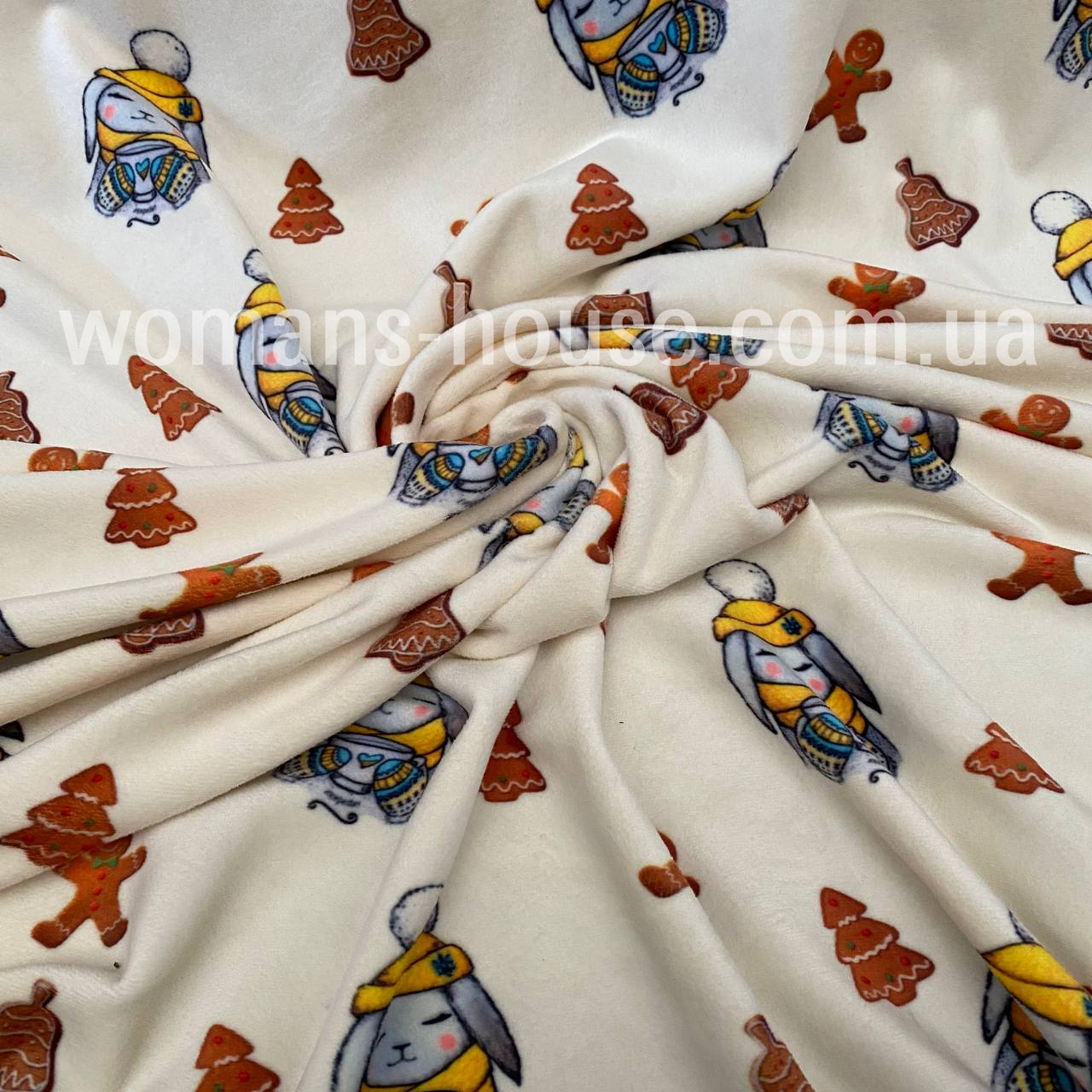 Велюр плюш друкований принт Новорічний на молочному, фото 1