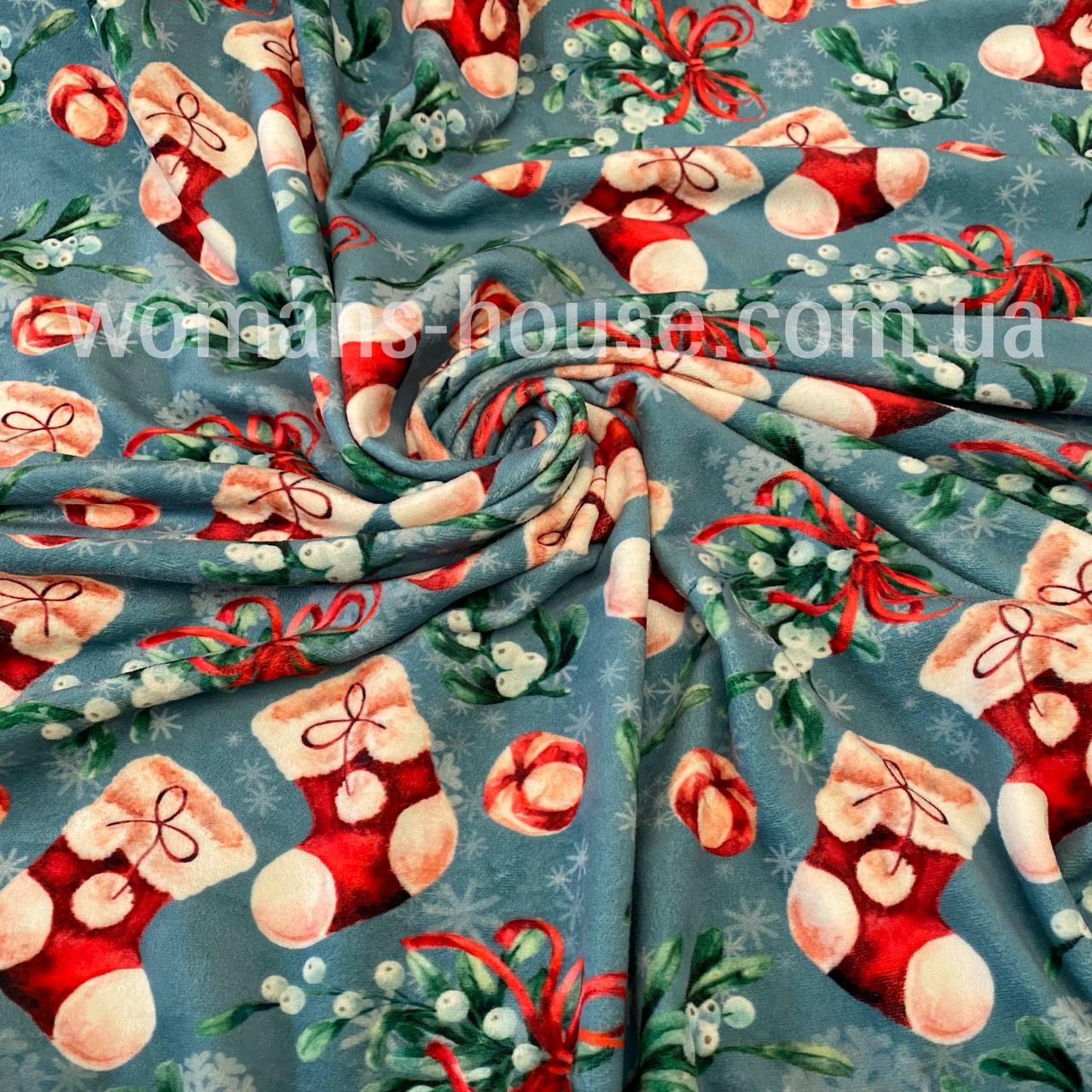 Велюр плюш друкований принт Новорічні шкарпетки на сіро-синім, фото 1