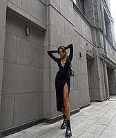 Стильное женское длинное платье миди с большим разрезом сбоку креп-дайвинг чёрный 42/44 44/46 Мод 419