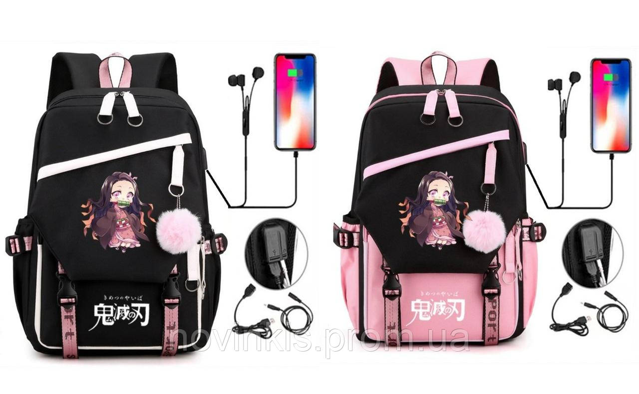 Шкільний підлітковий рюкзак з USB та хутряним помпоном Аніме для дівчинки 5-11 клас - фото 1 - id-p1958144632