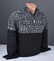 Мужской теплый свитер с воротником на молнии серо-черный Турция 7187