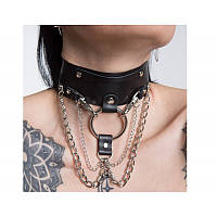 Чокер с разными по толщине цепочками и кольцом из натуральной кожи черного цвета Scappa  Кайф