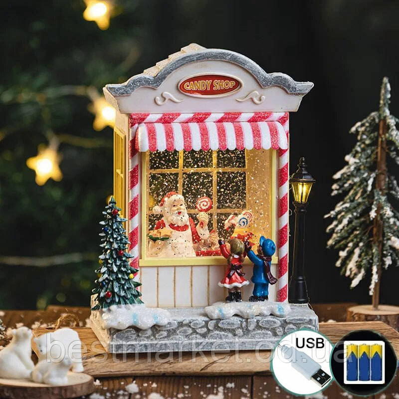 Новорічний Музичний Декор "Кенді Шоп" з Підсвіткою і Снігом USB + Батарейка 16 х 22 см, фото 1