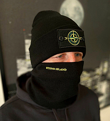 Комплект шапка та баф Stone Island набір Стон Айленд зимовий теплий чорний чоловічий