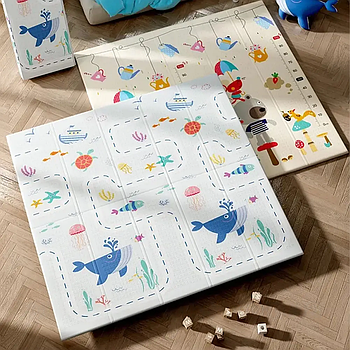 Дитячий ігровий двосторонній килимок (200х180см) Кит і Ведмедик / Розвиваючий термокилимок для дітей