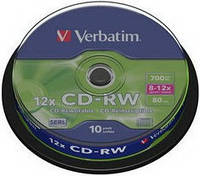 Диск CD Verbatim CD-RW 700Mb 12x Cake box 10шт (43480)