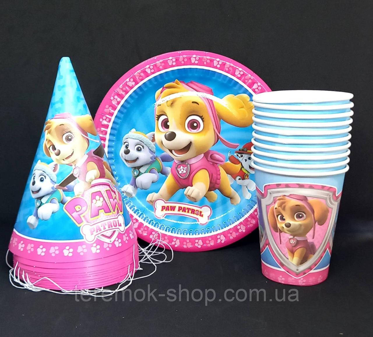 Посуд одноразовий Щенячий Патруль, набір дитячого святкового посуду Скай10 тарілок 10 склянок 10 ковпачків, фото 1