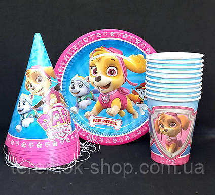Посуд одноразовий Щенячий Патруль, набір дитячого святкового посуду Скай10 тарілок 10 склянок 10 ковпачків