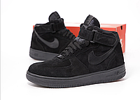 Мужские зимние кроссовки Nike Air Force 1 Winter Black High Найк Форс черные с мехом теплые высокие замшевые