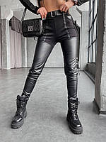 Женские стильные оригинальные черные брюки эко-кожа + трикотаж вшитый ремень имитация чулков