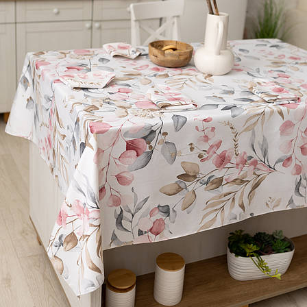 Скатертина 180х220 см водовідштовхувальна з тефлоновим просоченням Листочки рожевий, фото 1