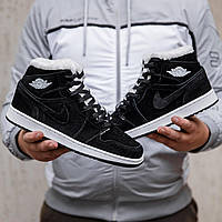 Чоловічі зимові кросівки Nike Air Jordan 1 Retro (чорні) високі модні кеди на хутрі 2519