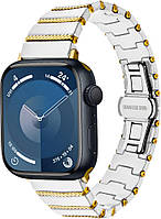 Керамический Ремешок Luxury для Apple Watch 38-41mm Series 8 7 6 5 4 3 2 SE Бело-золотой