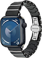 Керамический Ремешок Luxury для Apple Watch 42-49mm Series 8 7 6 5 4 3 2 SE Черно-серебристый