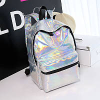Женский большой голографический блестящий рюкзак школьный портфель светлый белый серебряный