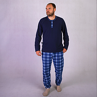 Мужская теплая трикотажная пижама, планка,с начесом, синяя ,кофта штаны