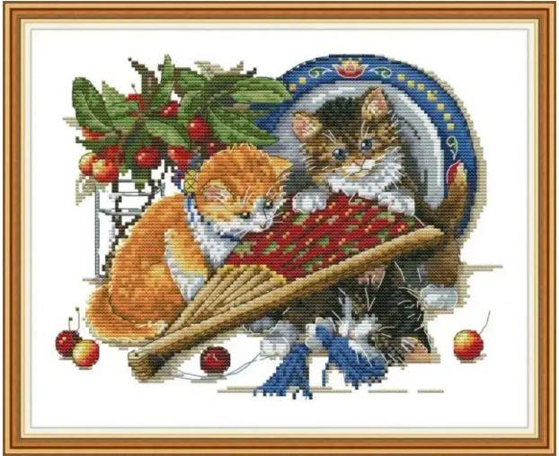 Набір для вишивання за нанесеною на канву схемою "Cat and fan". AIDA 14CT printed, 34*29 см