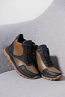 Детские ботинки кожаные зимние черные с бежевой подошвой, на шнурках и молнии