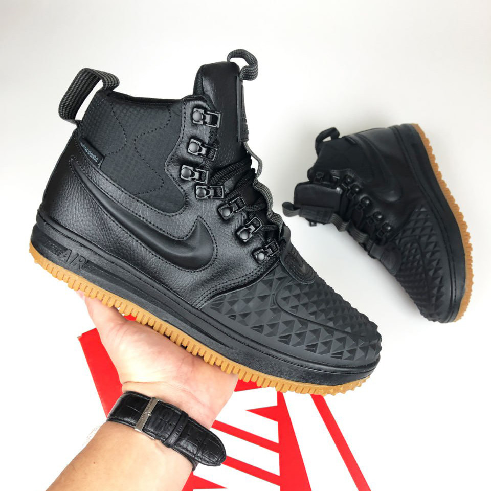 Чоловічі зимові кросівки Nike Lunar Force 1 Duckboot шкіряні повсякденні на хутрі чорні коричневі