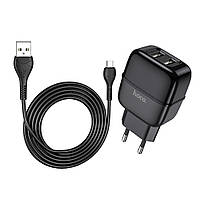 TU Сетевое зарядное устройство Hoco C77A 2 USB черное + кабель USB to MicroUSB