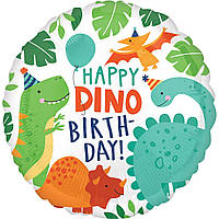 Фольгированный шарик круглый "Happy Birthday-вечеринка динозавров"