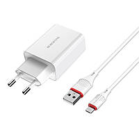 TU  TU Сетевое зарядное устройство Borofone BA21A USB QC 18W белое + кабель USB to MicroUSB