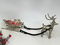 Новогодняя Фруктовница-конфетница металлическая серебряная Сувенир «Оленья упряжка», 56X24X20