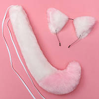 Набір: котячі Ободок вушка та хвіст білий із рожевим, костюм карнавальний, ошатний кіт, аніме, косплей