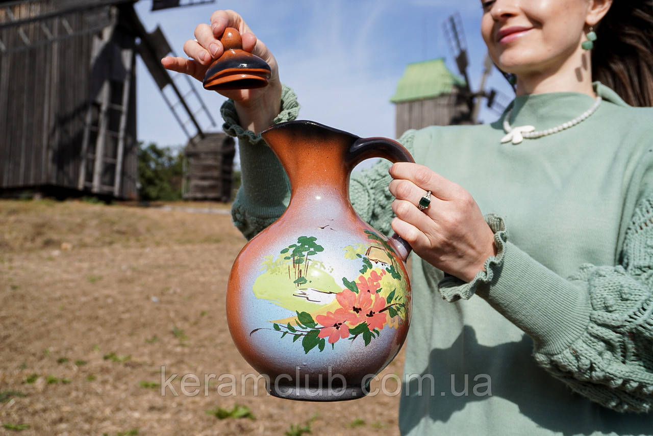 Глиняний штоф 2 л Літо з малюнком ручної роботи, фото 1