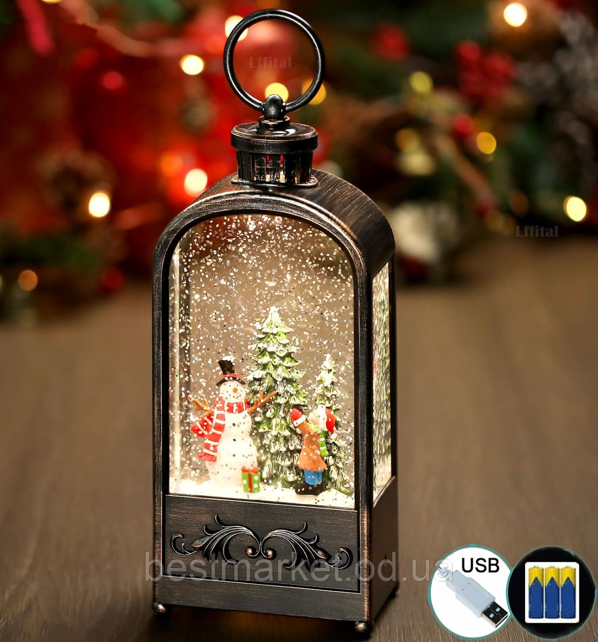 Новорічний Музичний Декор "Чарівна ніч" з Підсвіткою і Снігом USB + Батарейка 23 см