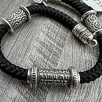 Мужской браслет шелковое плетение со вставками из серебра 925 пробы