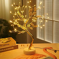 Светильник ночник дерево с листочками золотого цвета с LED подсветкой. от USB + Батарейка
