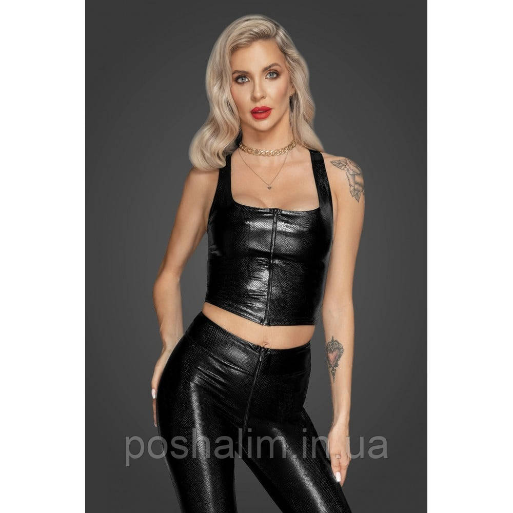 Топ еротичний вініловий зі зміїним тисненням розмір L F275 Noir Handmade, чорний, фото 1