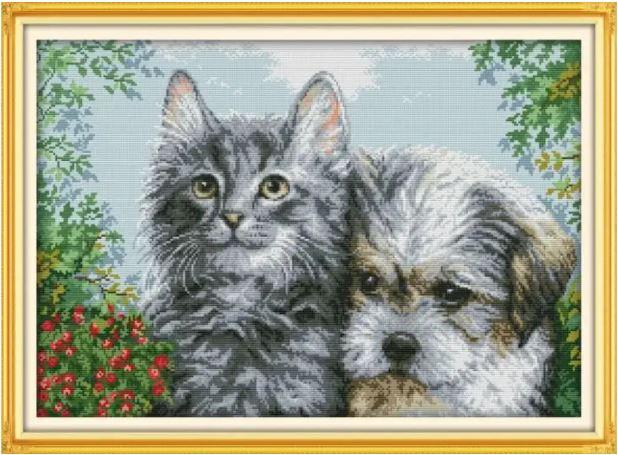 Набір для вишивання за нанесеною на канву схемою "Kitten and puppy". AIDA 14CT printed 55*41 см
