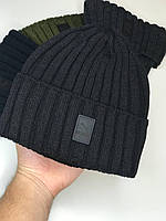 Мужская Шапка PUMA на флисе Черная Вязаная Зимняя Теплая шапка Бини Пума Кожаный логотип Акрил Универсал