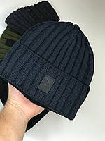 Мужская вязаная Шапка PUMA на флисе Темно-синяя Зимняя Теплая шапка Бини Пума Акрил 100% 54-60 размер Кож Лого