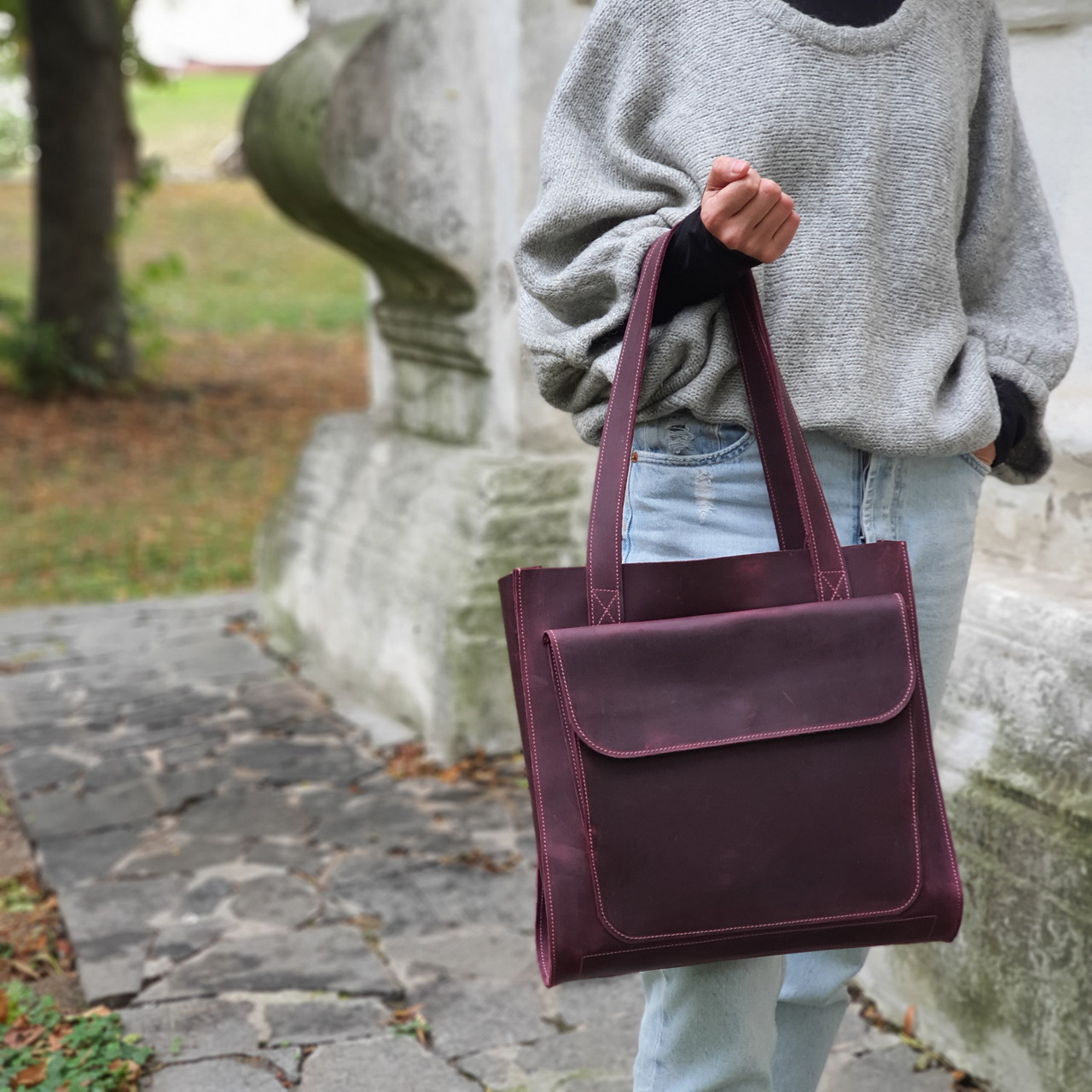 Стильна жіноча шкіряна сумка шопер GS бордова 33*35*12 см, фото 1