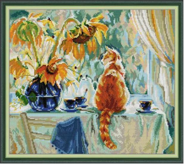 Набір для вишивання за нанесеною на канву схемою "Cat and sunflower". AIDA 14CT printed, 43*38 см, фото 1