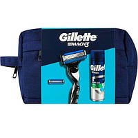 Подарочный набор Бритва Gillette Mach 3 с 2 сменнымм картриджами + Гель для бритья 200мл + косметичка