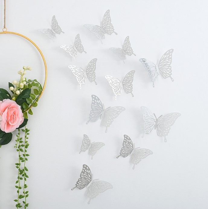 Метелики 3D срібло на скотчі для фотозони (12 штук)