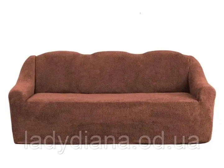 Чохол на диван з підлокітниками, без оборки, хутряний, плюшевий, натяжний, великого розміру Venera шоколад