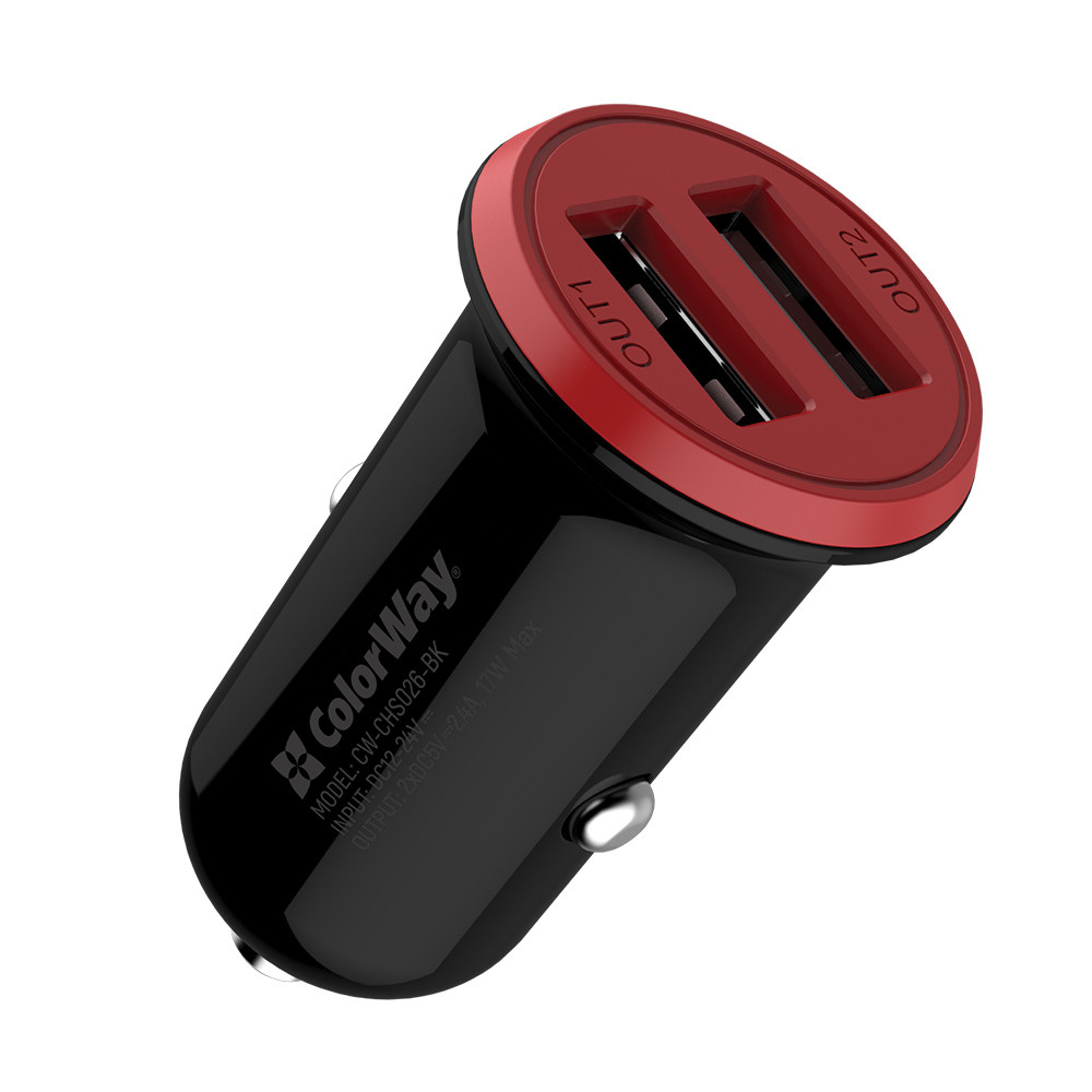 Автомобільний зарядний пристрій Colorway 2USB AUTO ID 3.4A (17W) red/black (CW-CHA026-BK), фото 1